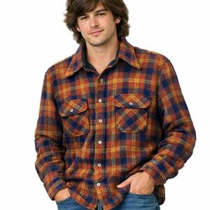 1970s Vintage Kings Road Shop Sears Mens Wool Plaid Rust Navy Button Shirt #35